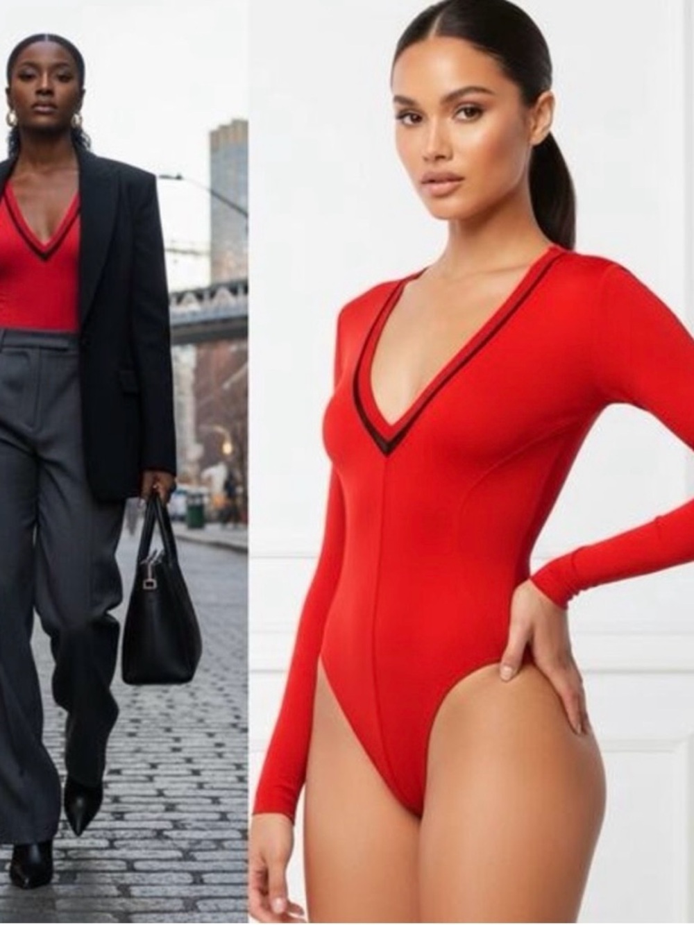 Good American Red Deep V-Neck Long Sleeve Bodysuit with Black Trim